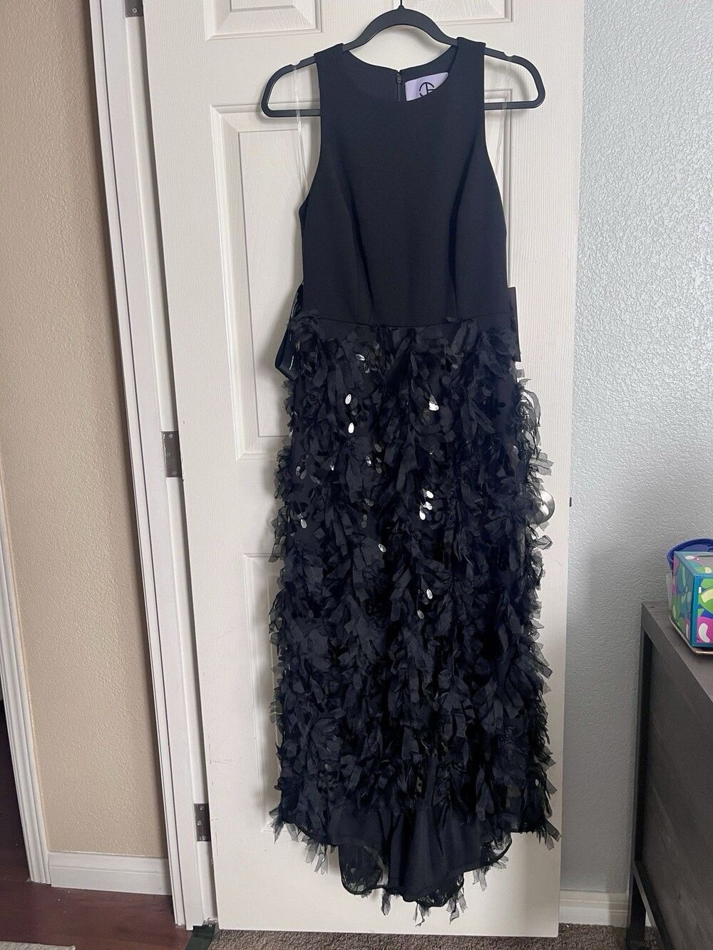 NEW JS Collections Black Long Sleeveless Hi-Low Ruffle Sequin Gown Sz 4